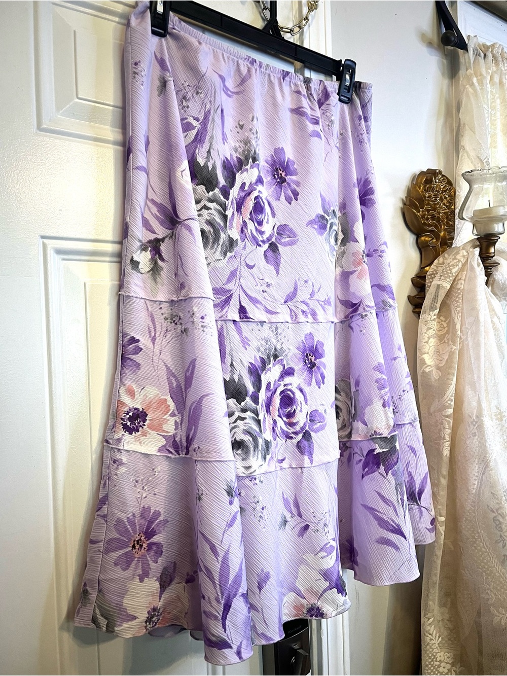 VTG Alfred Dunner Lavender Purple Floral Tiered Midi Skirt 10 Coquette Fairy - Picture 3 of 10